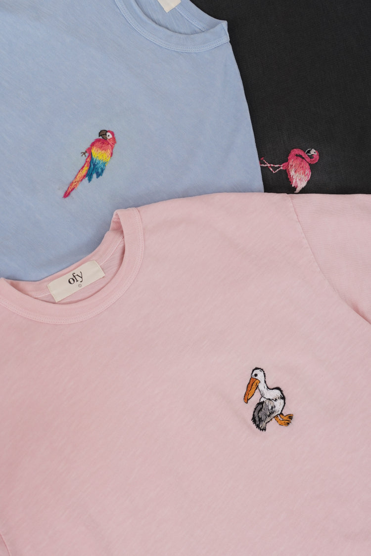Embroidered Journey Tee - Flamingo