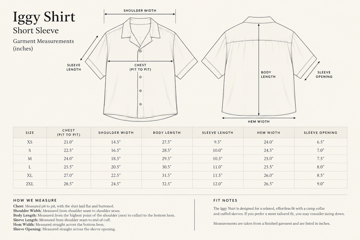Garment measurement chart